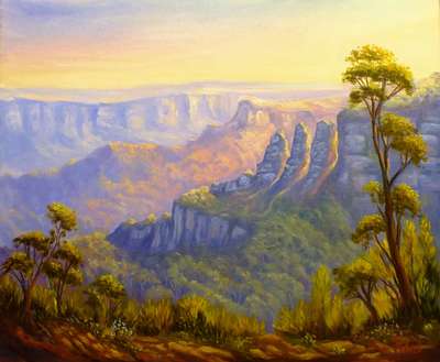 Original oil painting Australian landscape afternoon light on Three sisters from Leura